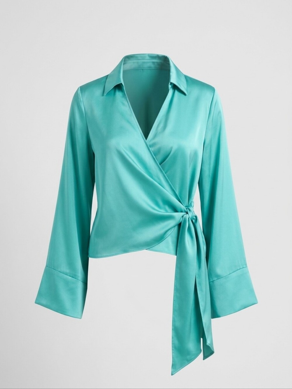 Zara Women's Teal Satin Glossy Fluid V Neck Wrap Long Sleeves Blouse Medium - Picture 3 of 16